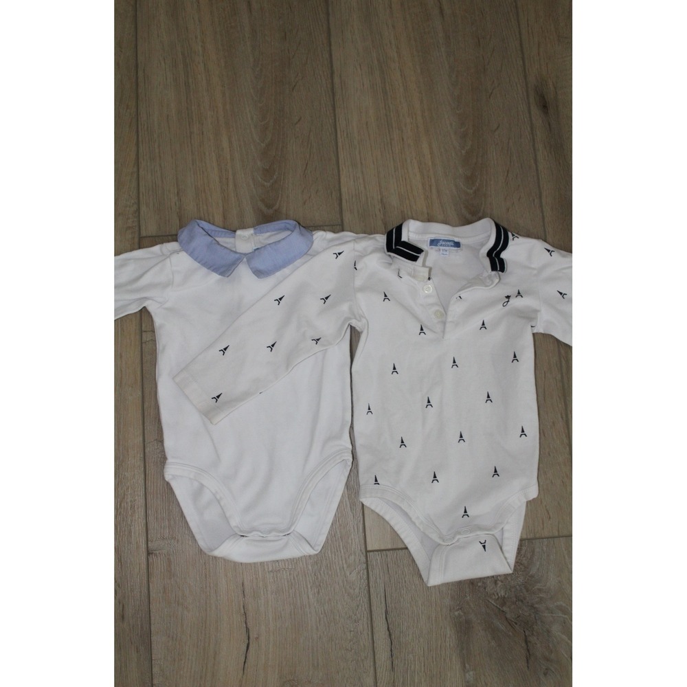 Jacadi Paris Baby Boys 12M Eiffel Tower Polo Peter Pan Collar Bodysuit Set of 2